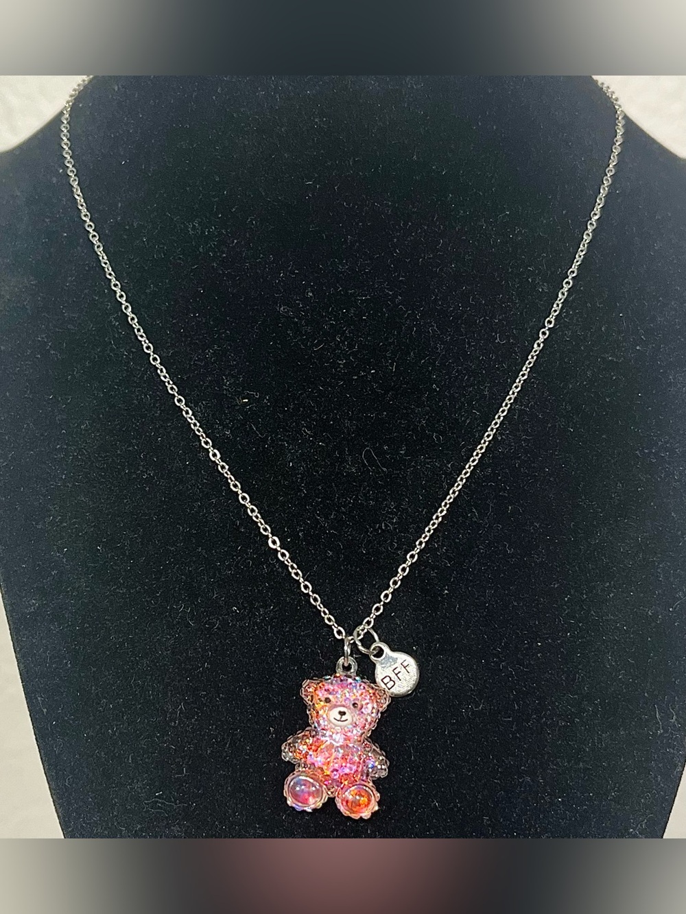 Claire’s Sparkling Pink Teddy Pendant Necklace with BFF Charm